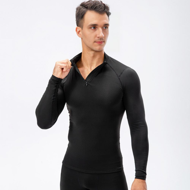 Autumn Winter Men Thermal Top Plush Lining Zipper Stand-up Collar Long Sleeve Shirt Slim Fit Stretch Casual Solid Color Cold Weather Warm Base Layer Top 