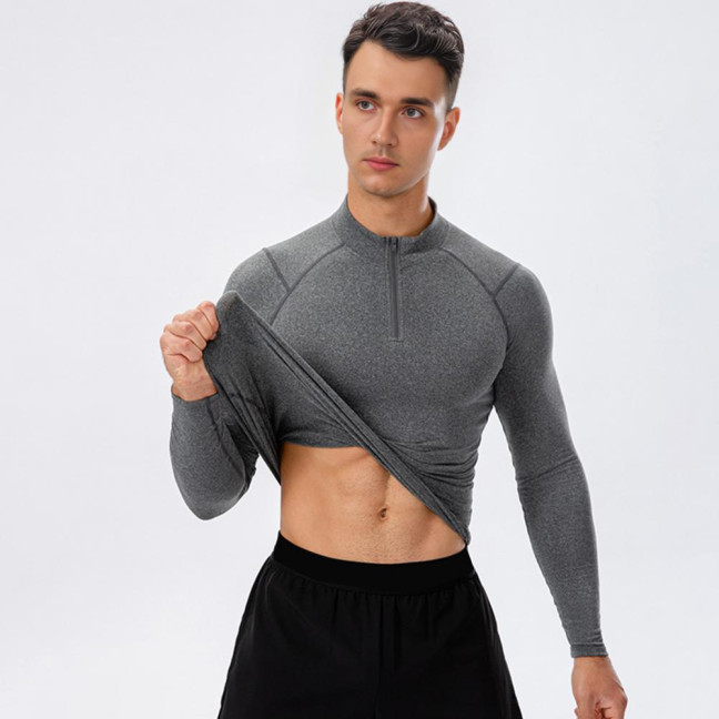 Autumn Winter Men Thermal Top Plush Lining Zipper Stand-up Collar Long Sleeve Shirt Slim Fit Stretch Casual Solid Color Cold Weather Warm Base Layer Top 