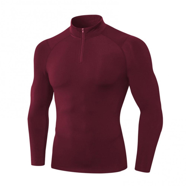 Autumn Winter Men Thermal Top Plush Lining Zipper Stand-up Collar Long Sleeve Shirt Slim Fit Stretch Casual Solid Color Cold Weather Warm Base Layer Top 