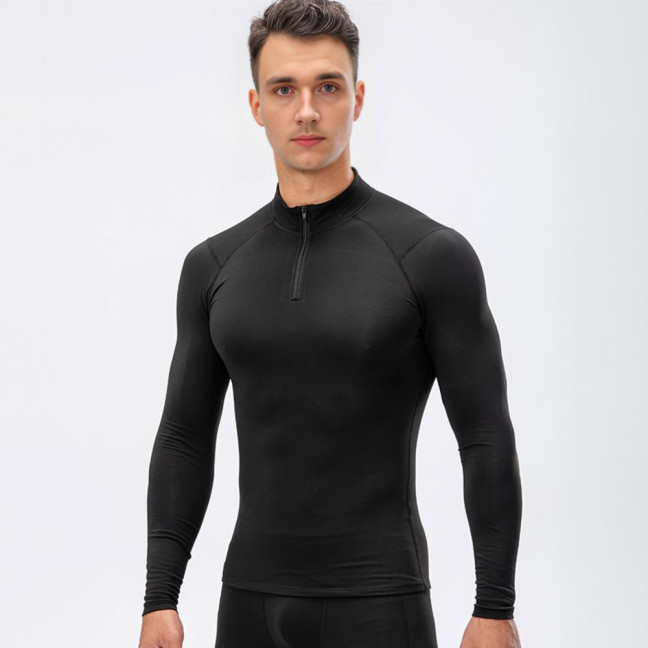 Autumn Winter Men Thermal Top Plush Lining Zipper Stand-up Collar Long Sleeve Shirt Slim Fit Stretch Casual Solid Color Cold Weather Warm Base Layer Top 