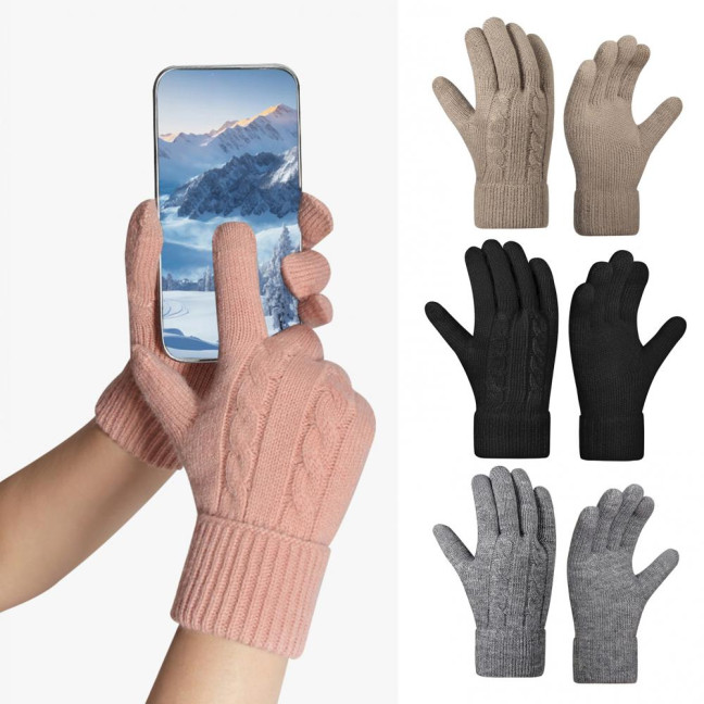 Women Winter Knitted Gloves Thick Fleece Lined Warm Gloves Solid Color Touch Screen Gloves for Driving Golfing Fishing Hiking
