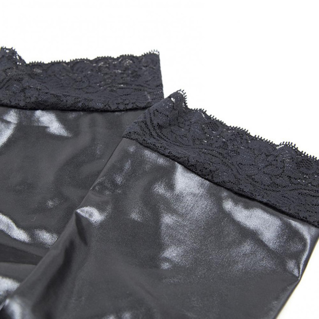 Wet Look Thigh High Stockings for Women Sexy Stretchy Shiny Metallic Black Stockings with Lace Trim Glossy Faux Leather Socks for Party Club Cosplay