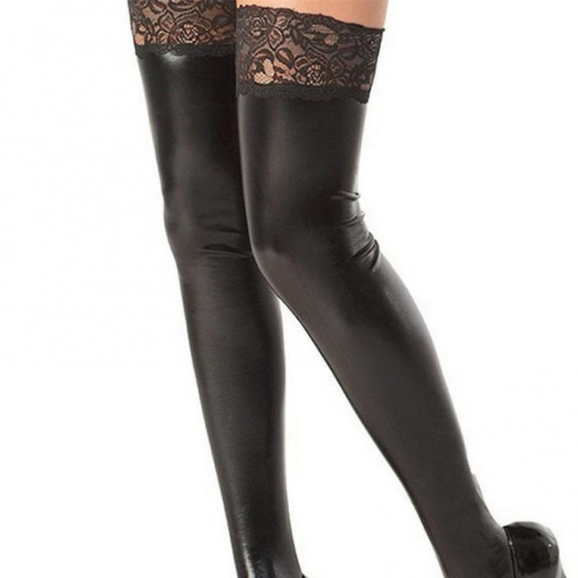 Wet Look Thigh High Stockings for Women Sexy Stretchy Shiny Metallic Black Stockings with Lace Trim Glossy Faux Leather Socks for Party Club Cosplay