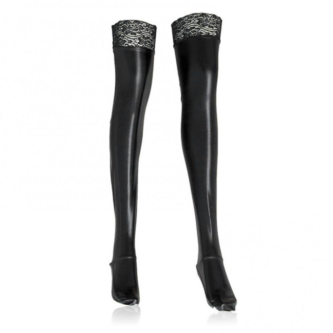 Wet Look Thigh High Stockings for Women Sexy Stretchy Shiny Metallic Black Stockings with Lace Trim Glossy Faux Leather Socks for Party Club Cosplay