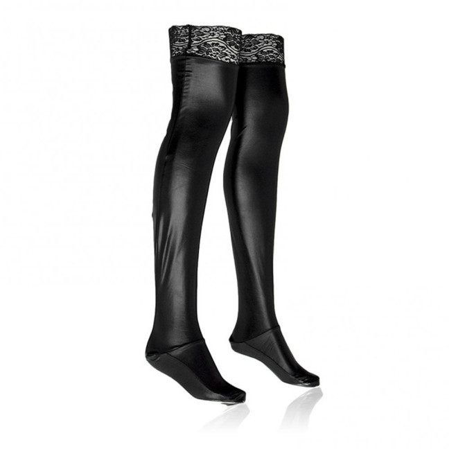 Wet Look Thigh High Stockings for Women Sexy Stretchy Shiny Metallic Black Stockings with Lace Trim Glossy Faux Leather Socks for Party Club Cosplay