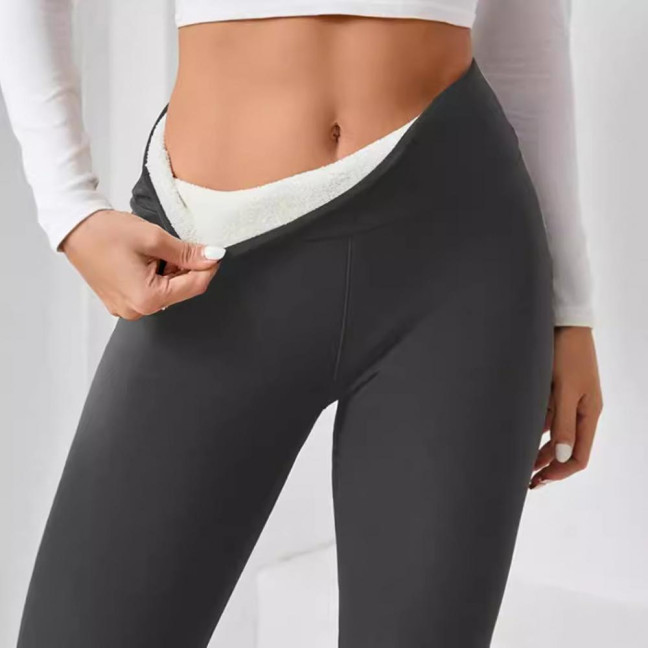 Women Winter Leggings High Waist Solid Color Thickened Plush Lining Bottom Pants Slim Butt Lifting Yoga Pants