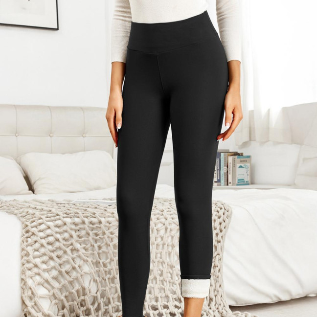 Women Winter Leggings High Waist Solid Color Thickened Plush Lining Bottom Pants Slim Butt Lifting Yoga Pants