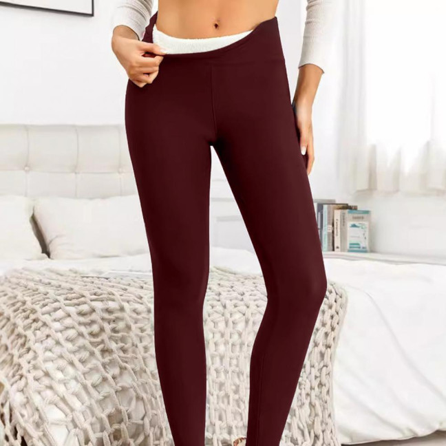 Women Winter Leggings High Waist Solid Color Thickened Plush Lining Bottom Pants Slim Butt Lifting Yoga Pants