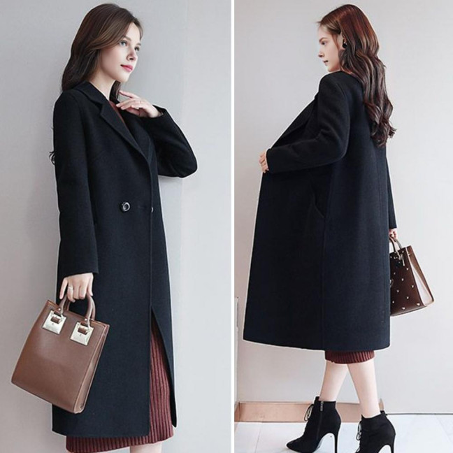 Women's Fall Winter Wool Coat Notch Lapel Single-Breasted Peacoat Casual Trench Coat Mid-Long Thick Overcoat