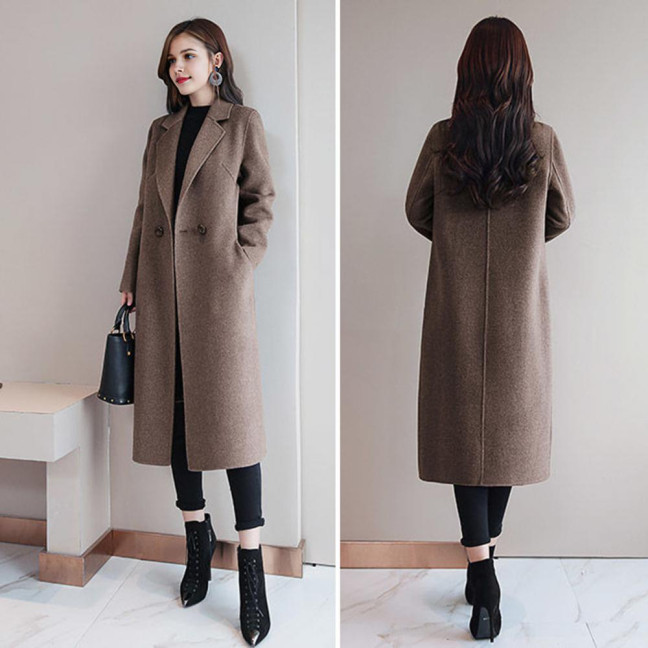 Women's Fall Winter Wool Coat Notch Lapel Single-Breasted Peacoat Casual Trench Coat Mid-Long Thick Overcoat