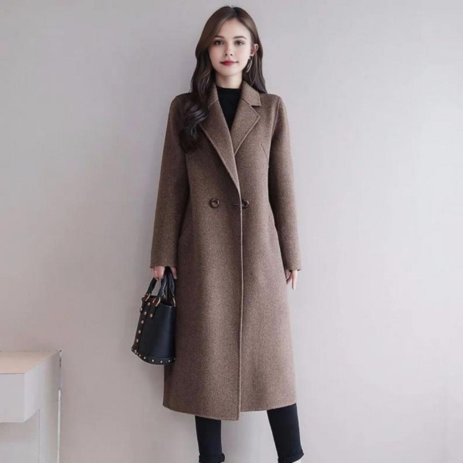 Women's Fall Winter Wool Coat Notch Lapel Single-Breasted Peacoat Casual Trench Coat Mid-Long Thick Overcoat