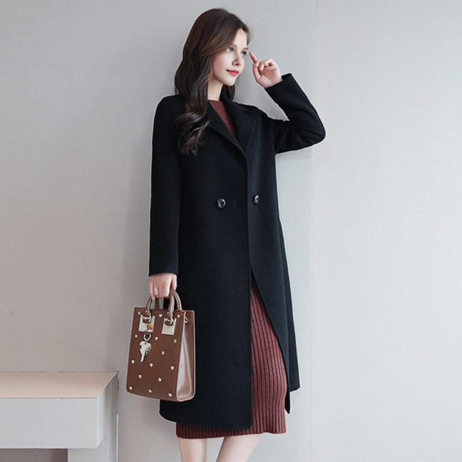 Women's Fall Winter Wool Coat Notch Lapel Single-Breasted Peacoat Casual Trench Coat Mid-Long Thick Overcoat