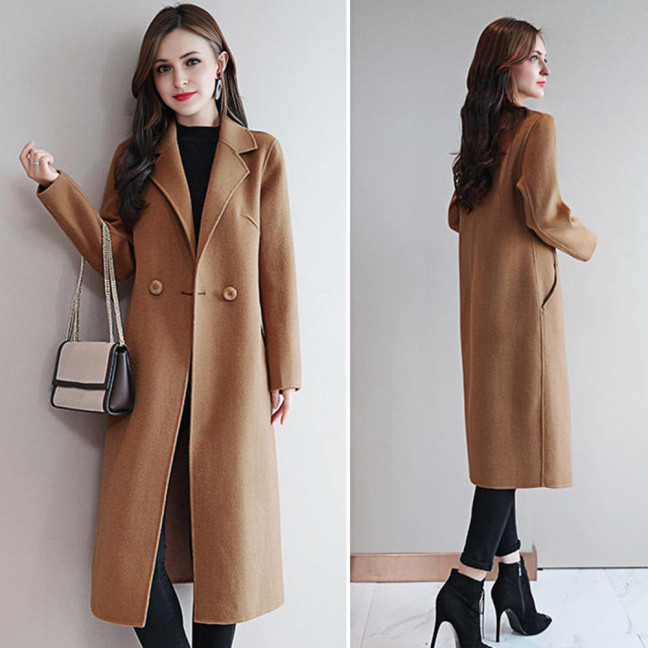 Women's Fall Winter Wool Coat Notch Lapel Single-Breasted Peacoat Casual Trench Coat Mid-Long Thick Overcoat