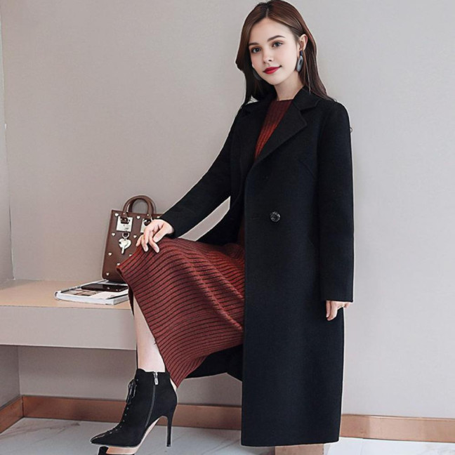 Women's Fall Winter Wool Coat Notch Lapel Single-Breasted Peacoat Casual Trench Coat Mid-Long Thick Overcoat