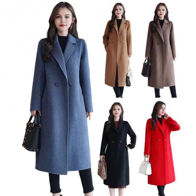 Women's Fall Winter Wool Coat Notch Lapel Single-Breasted Peacoat Casual Trench Coat Mid-Long Thick Overcoat