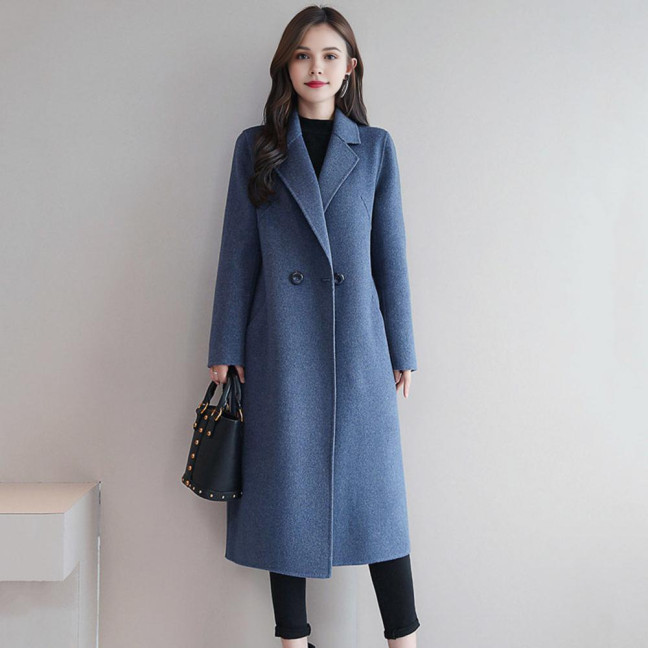 Women's Fall Winter Wool Coat Notch Lapel Single-Breasted Peacoat Casual Trench Coat Mid-Long Thick Overcoat