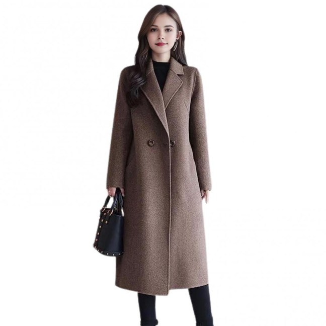 Women's Fall Winter Wool Coat Notch Lapel Single-Breasted Peacoat Casual Trench Coat Mid-Long Thick Overcoat