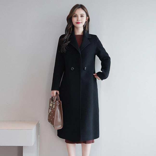 Women's Fall Winter Wool Coat Notch Lapel Single-Breasted Peacoat Casual Trench Coat Mid-Long Thick Overcoat