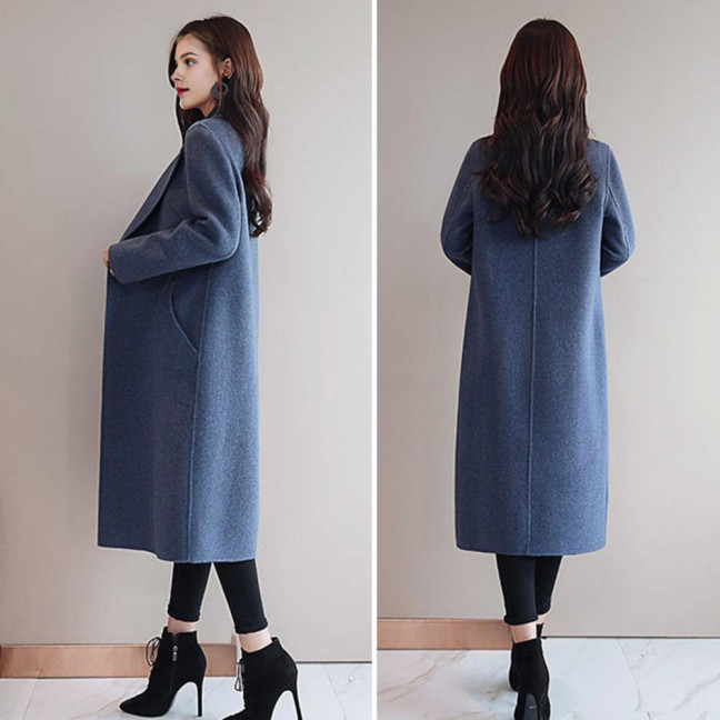 Women's Fall Winter Wool Coat Notch Lapel Single-Breasted Peacoat Casual Trench Coat Mid-Long Thick Overcoat