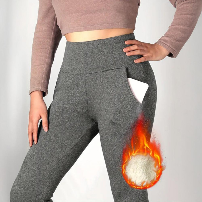 Women Leggings with Pockets Solid Color High Waist Plush Lining Thickened Warm Pants Tight Fit Cold Weather Leggings Women Leggings with Pockets Solid Color High Waist Plush Lining Thickened Warm Pants Tight Fit Cold Weather Leggings