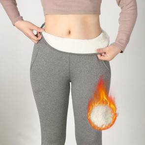 Women Leggings with Pockets Solid Color High Waist Plush Lining Thickened Warm Pants Tight Fit Cold Weather Leggings