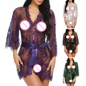 Sexy Women Nightgown V-Neck 3/4 Sleeve Embroidery Lace Pattern Lace-up Open Design Perspective Sleepwear