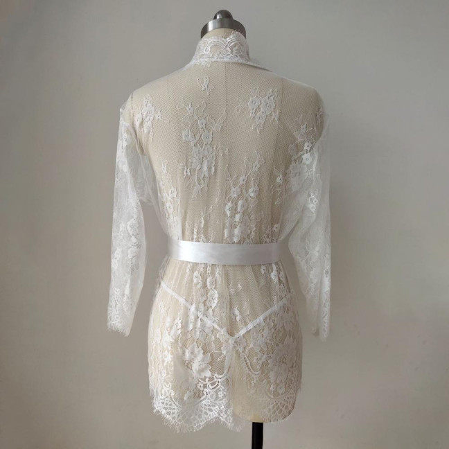 Sexy Women Nightgown V-Neck 3/4 Sleeve Embroidery Lace Pattern Lace-up Open Design Perspective Sleepwear