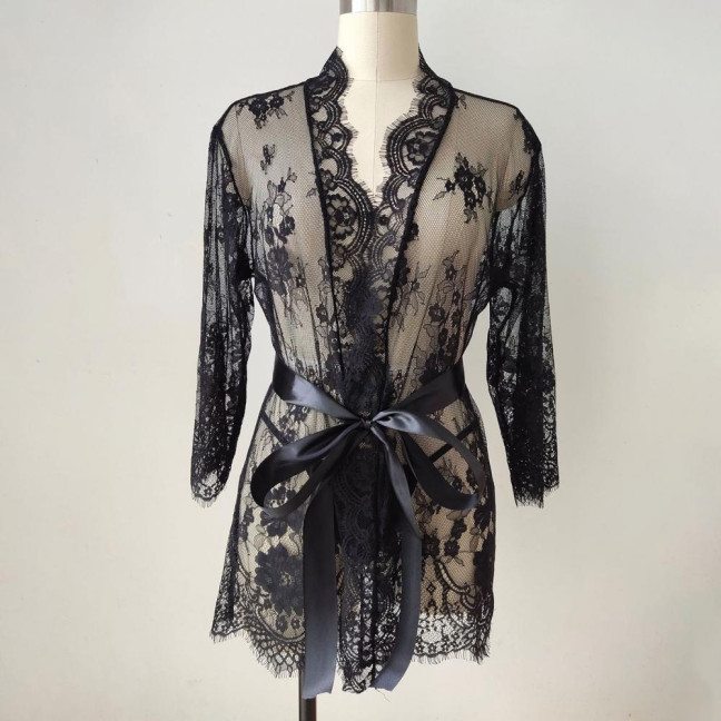 Sexy Women Nightgown V-Neck 3/4 Sleeve Embroidery Lace Pattern Lace-up Open Design Perspective Sleepwear