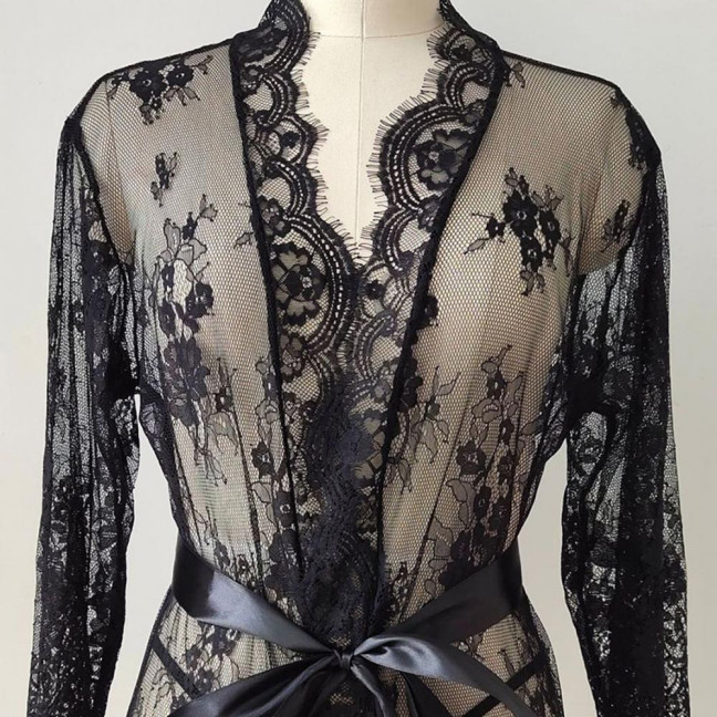 Sexy Women Nightgown V-Neck 3/4 Sleeve Embroidery Lace Pattern Lace-up Open Design Perspective Sleepwear