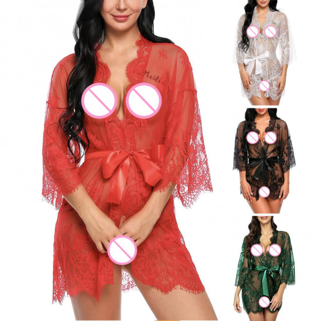 Sexy Women Nightgown V-Neck 3/4 Sleeve Embroidery Lace Pattern Lace-up Open Design Perspective Sleepwear