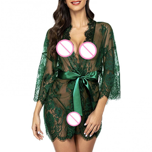 Sexy Women Nightgown V-Neck 3/4 Sleeve Embroidery Lace Pattern Lace-up Open Design Perspective Sleepwear