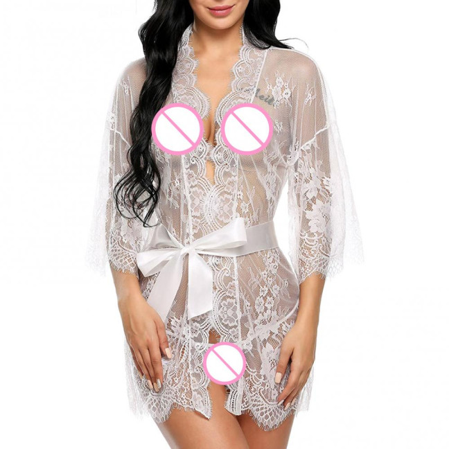 Sexy Women Nightgown V-Neck 3/4 Sleeve Embroidery Lace Pattern Lace-up Open Design Perspective Sleepwear