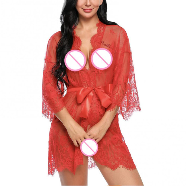 Sexy Women Nightgown V-Neck 3/4 Sleeve Embroidery Lace Pattern Lace-up Open Design Perspective Sleepwear