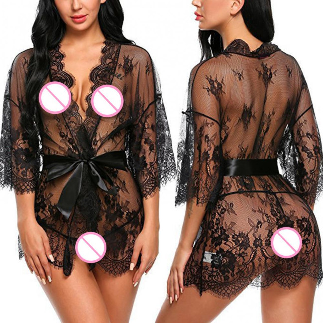 Sexy Women Nightgown V-Neck 3/4 Sleeve Embroidery Lace Pattern Lace-up Open Design Perspective Sleepwear