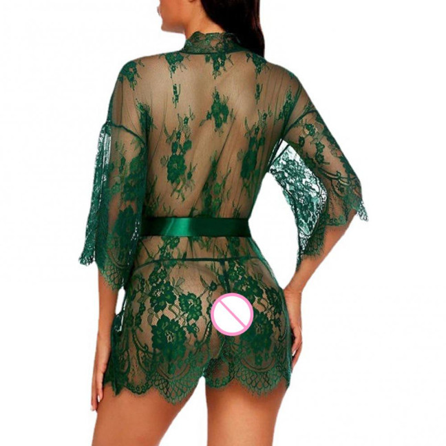 Sexy Women Nightgown V-Neck 3/4 Sleeve Embroidery Lace Pattern Lace-up Open Design Perspective Sleepwear