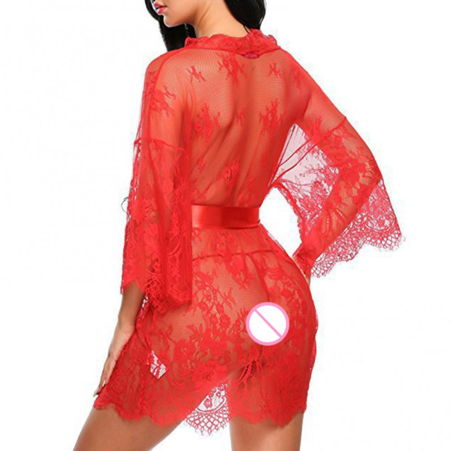 Sexy Women Nightgown V-Neck 3/4 Sleeve Embroidery Lace Pattern Lace-up Open Design Perspective Sleepwear