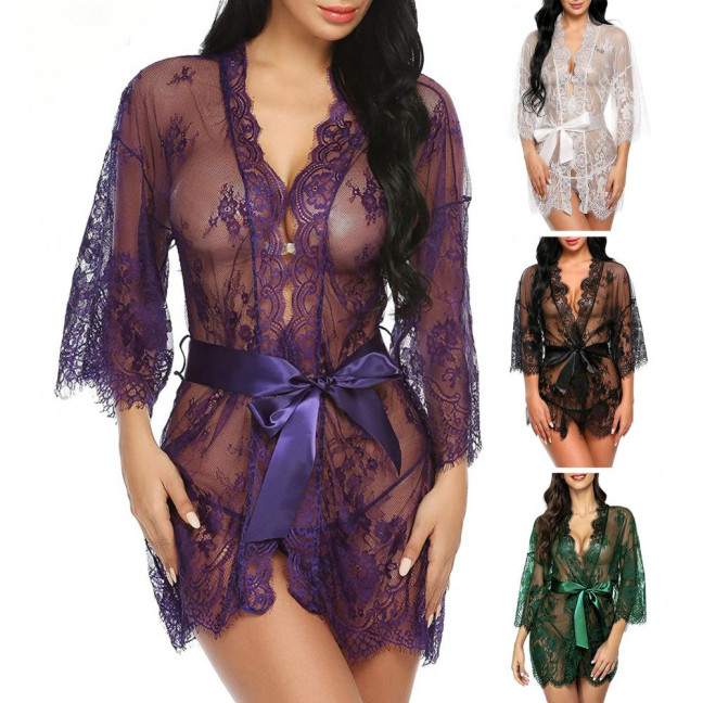 Sexy Women Nightgown V-Neck 3/4 Sleeve Embroidery Lace Pattern Lace-up Open Design Perspective Sleepwear