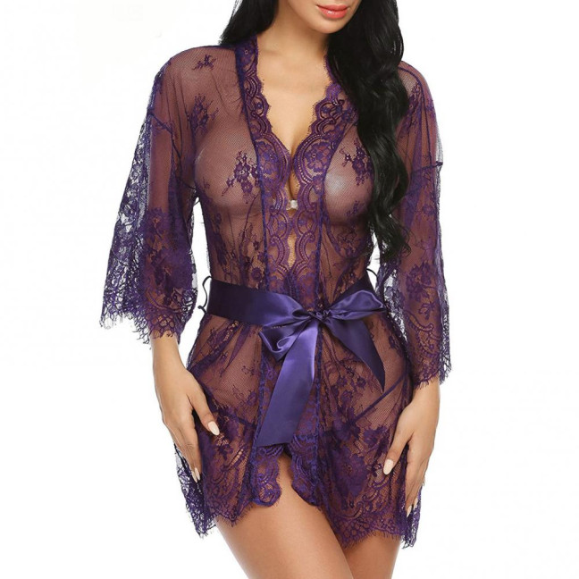 Sexy Women Nightgown V-Neck 3/4 Sleeve Embroidery Lace Pattern Lace-up Open Design Perspective Sleepwear