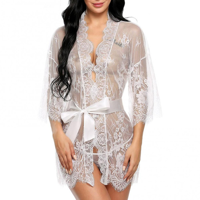 Sexy Women Nightgown V-Neck 3/4 Sleeve Embroidery Lace Pattern Lace-up Open Design Perspective Sleepwear