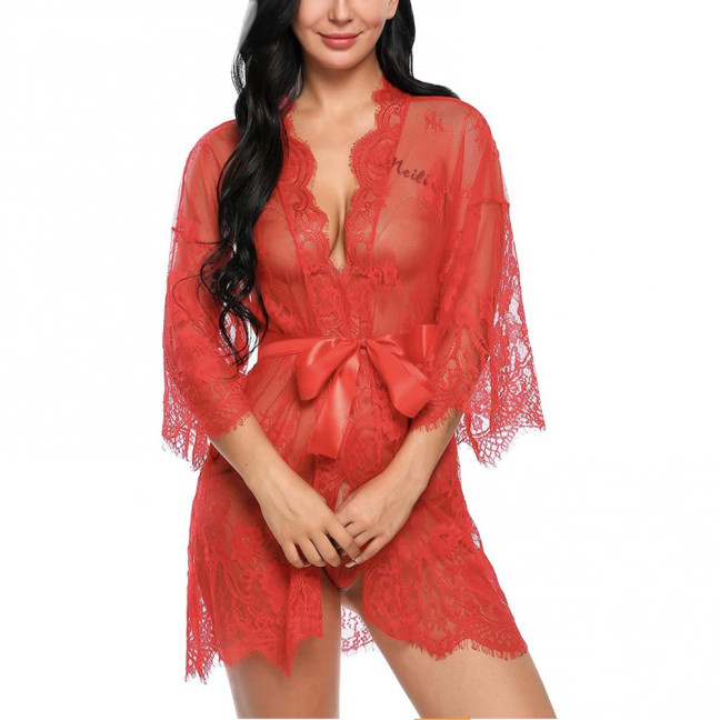 Sexy Women Nightgown V-Neck 3/4 Sleeve Embroidery Lace Pattern Lace-up Open Design Perspective Sleepwear