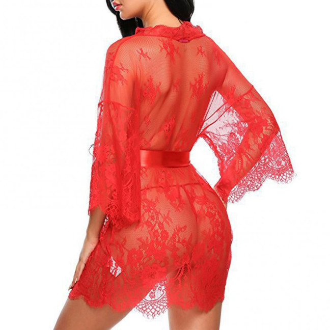 Sexy Women Nightgown V-Neck 3/4 Sleeve Embroidery Lace Pattern Lace-up Open Design Perspective Sleepwear