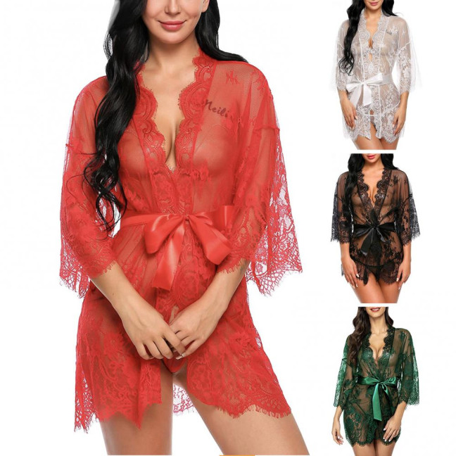 Sexy Women Nightgown V-Neck 3/4 Sleeve Embroidery Lace Pattern Lace-up Open Design Perspective Sleepwear
