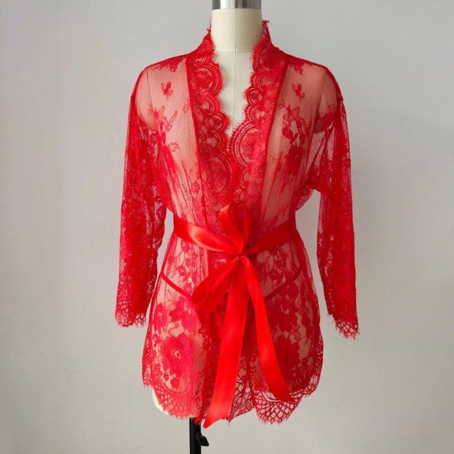 Sexy Women Nightgown V-Neck 3/4 Sleeve Embroidery Lace Pattern Lace-up Open Design Perspective Sleepwear