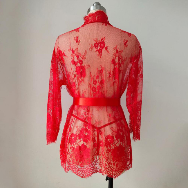 Sexy Women Nightgown V-Neck 3/4 Sleeve Embroidery Lace Pattern Lace-up Open Design Perspective Sleepwear