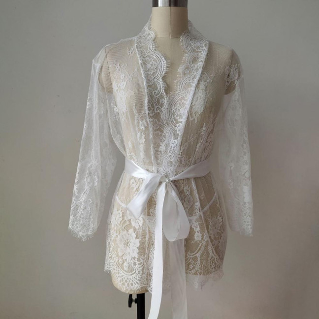 Sexy Women Nightgown V-Neck 3/4 Sleeve Embroidery Lace Pattern Lace-up Open Design Perspective Sleepwear