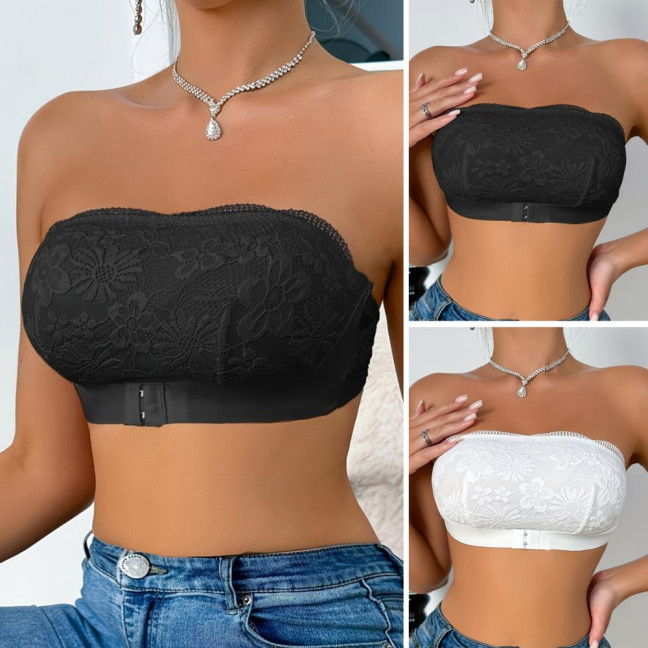 Women's Strapless Bra Floral Lace Front Closure Bra Wireless Full Coverage Tube Top Bandeau No Underwire Seamless Bralette