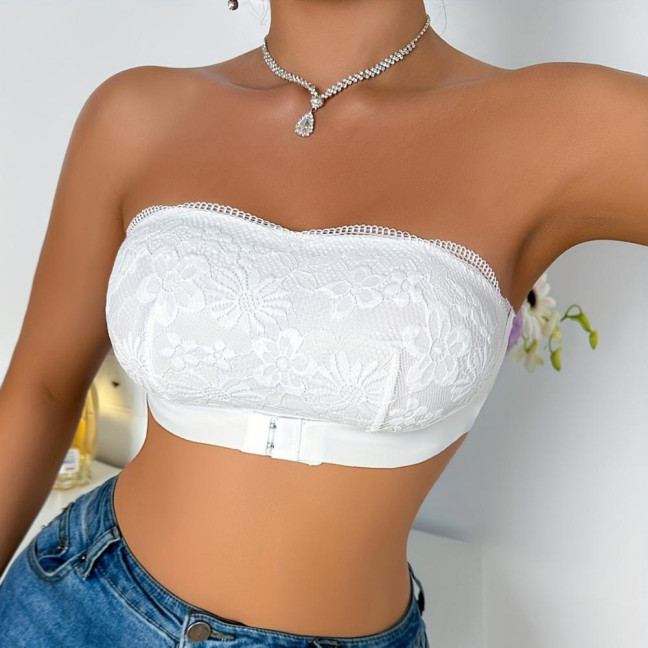 Women's Strapless Bra Floral Lace Front Closure Bra Wireless Full Coverage Tube Top Bandeau No Underwire Seamless Bralette