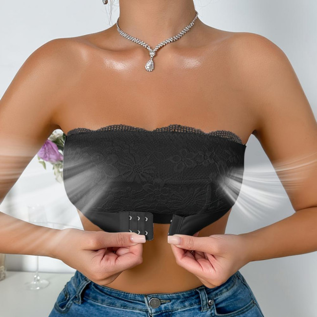 Women's Strapless Bra Floral Lace Front Closure Bra Wireless Full Coverage Tube Top Bandeau No Underwire Seamless Bralette