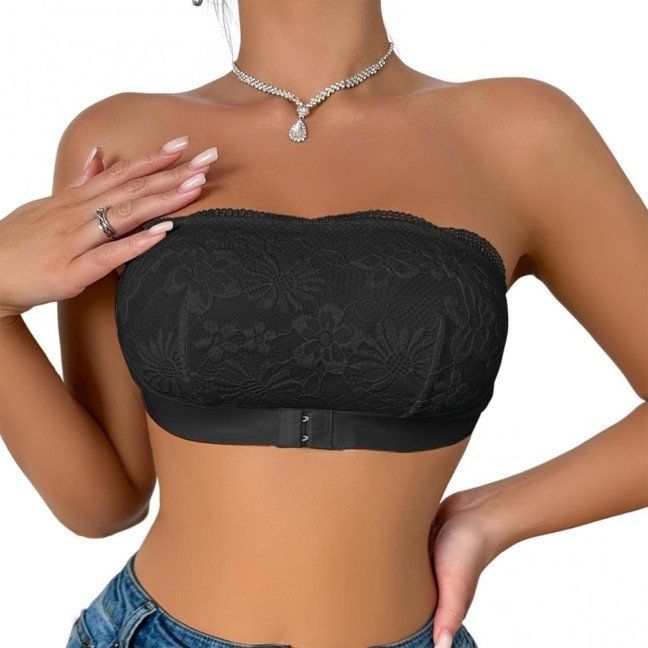 Women's Strapless Bra Floral Lace Front Closure Bra Wireless Full Coverage Tube Top Bandeau No Underwire Seamless Bralette
