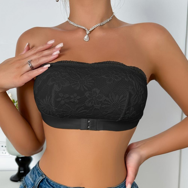 Women's Strapless Bra Floral Lace Front Closure Bra Wireless Full Coverage Tube Top Bandeau No Underwire Seamless Bralette
